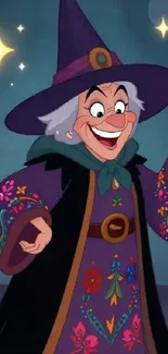 Cartoon wizard in vibrant, colorful attire.