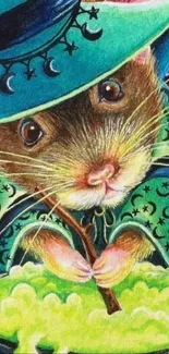 Whimsical mouse in wizard hat stirring a green potion.