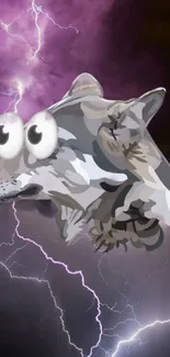 Whimsical wolf with big eyes in a lightning storm wallpaper.