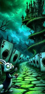 Whimsical wonderland with rabbit and castle in vibrant green tones.