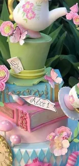 Whimsical Alice in Wonderland cake with teapots and flowers in soft pastel tones.