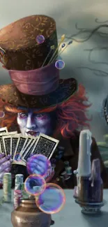 Whimsical wonderland scene with mad hatter and surreal table, vibrant fantasy art.