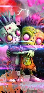 Two colorful cartoon zombies in an embrace with a whimsical vibe.