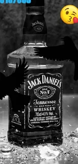 Black and white whiskey bottle with crows and ice splash.