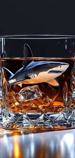 Creative shark in whiskey glass wallpaper, vivid and artistic.