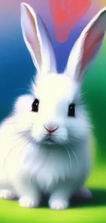 Cute white bunny with a heart on colorful background.