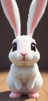 Adorable white bunny on wooden floor, with pink ears and paws.