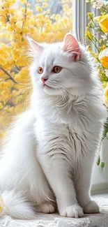 White Persian cat by a window with flowers.