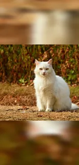 White cat sitting on grass in a natural outdoor setting.