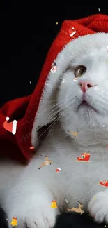 White cat wearing a Santa hat on a black background.