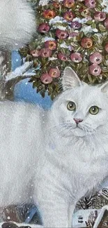 White cat in a snowy village with floral tree background.