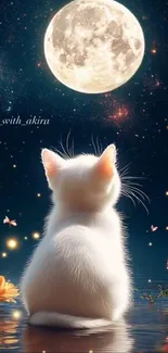 White kitten gazing at a full moon with flowers and stars.