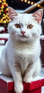 White cat on red box in snowy setting with festive lights.