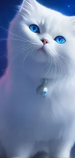 Fluffy white cat with blue eyes against a starry night sky.