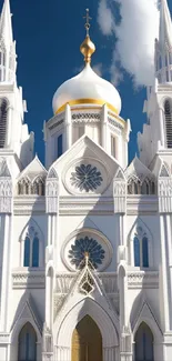 Elegant white cathedral with spires against a blue sky.