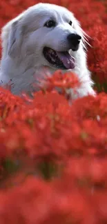 A white dog amid vibrant red flowers, perfect for mobile wallpaper.