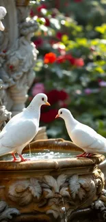 White doves perched on a garden fountain surrounded by lush vegetation.