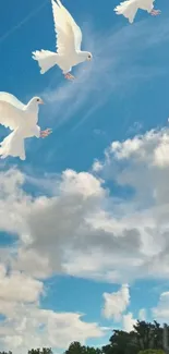 Three white doves flying in clear blue sky with clouds.