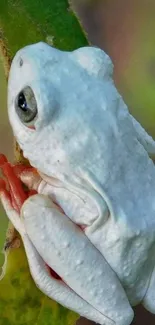 White frog with red feet sitting on green leaf.