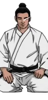 Anime-style character kneeling in white gi, meditative pose.