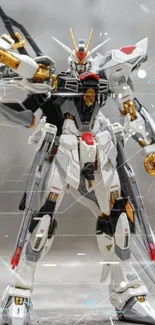 Futuristic white Gundam robot model in a dynamic pose.