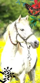 White horse in a yellow field with a butterfly above.