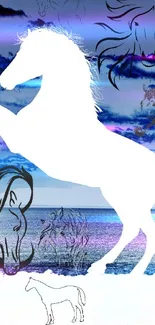 White horse silhouette against a sunset ocean backdrop on mobile wallpaper.