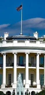 White House against blue sky and trees, featuring historic architecture.