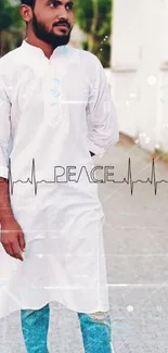 Man in white kurta with peace text and ECG line design.