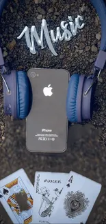 iPhone with headphones and playing cards creatively designed.