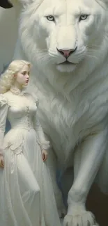 Majestic white lion with elegant lady in fantasy setting.