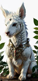 Mythical white creature with jewelry and leaves, mobile wallpaper.