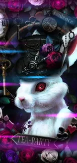 Fantasy white rabbit with roses and steampunk elements in a vibrant, mystical scene.