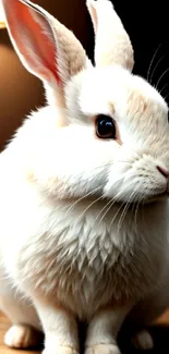 Cute white rabbit sitting with soft fur and warm background lighting.