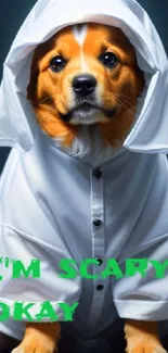 Cute dog in a ghost costume with funny text, perfect for phone wallpaper.