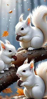 Two white squirrels on a branch with autumn leaves and pine cones.