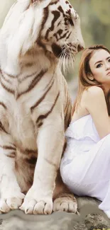 A woman in white with a white tiger in a serene natural setting.