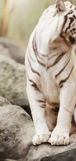 A white tiger sits beside a woman in a serene natural setting.