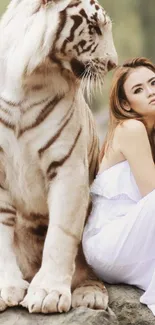 White tiger with woman in a serene nature setting.