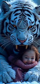 White Tiger Cuddling With A Child Live Wallpaper