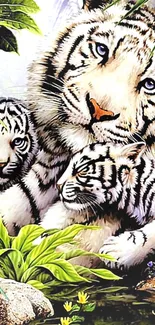 White tiger family amidst lush greenery and flowers in the jungle.