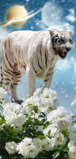 White tiger in a cosmic floral landscape with planets.