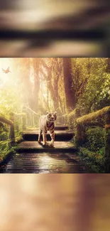 White tiger walking on a bridge in a lush, enchanted forest scene.