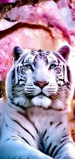 White tiger with pink cherry blossoms in magical scenery.