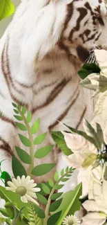 White tiger amidst lush green leaves and floral accents.