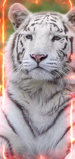 Majestic white tiger resting on vibrant green grass.