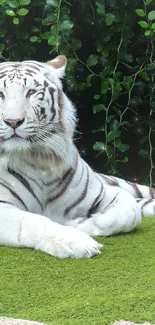 Majestic white tiger on lush green grass in a natural setting.