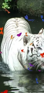 Majestic white tiger with colorful butterflies in a natural setting.