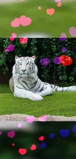 Majestic white tiger with heart accents on a lush green background.