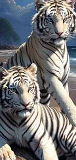 Two white tigers resting on a moonlit beach with ocean waves.